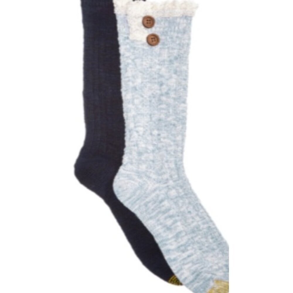 Gold Toe Womens Shoe Size 6-9 2 Pack Ruffle Cable Buttons Crew Socks Blue 2584